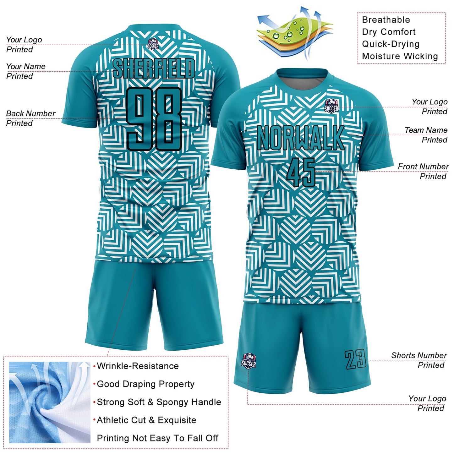 Custom Teal Black Abstract Geometric Shapes Sublimation Soccer Uniform Jersey view 4