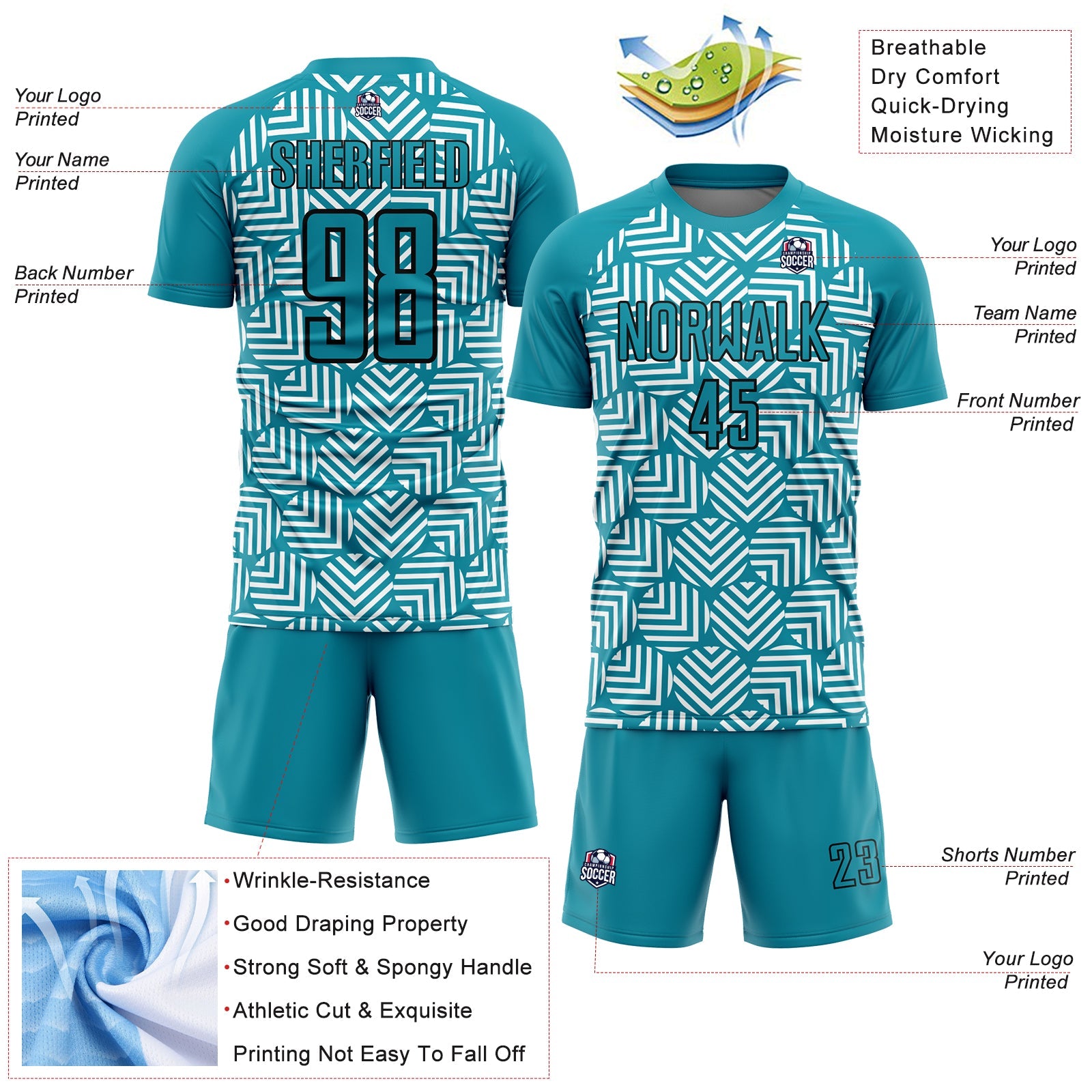 Custom Teal Black Abstract Geometric Shapes Sublimation Soccer Uniform Jersey view 4