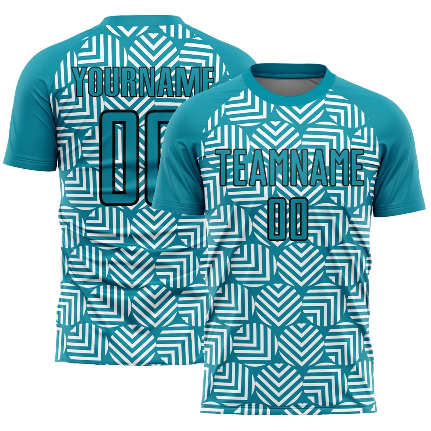 Custom Teal Black Abstract Geometric Shapes Sublimation Soccer Uniform Jersey - Main View