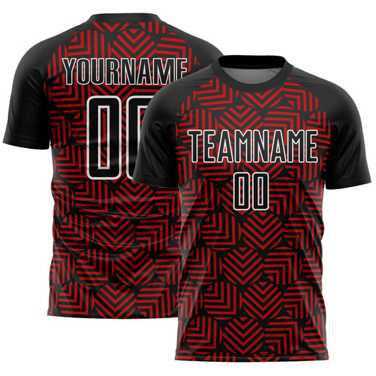 Custom Black Red-White Abstract Geometric Shapes Sublimation Soccer Uniform Jersey - Main View