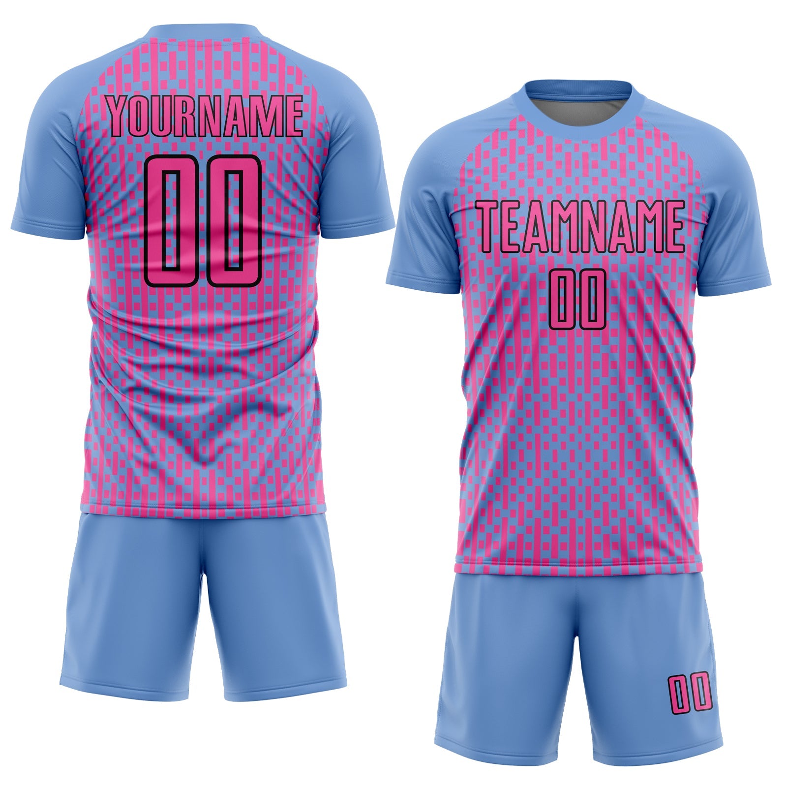 Custom Light Blue Pink-Black Abstract Geometric Shapes Sublimation Soccer Uniform Jersey view 2