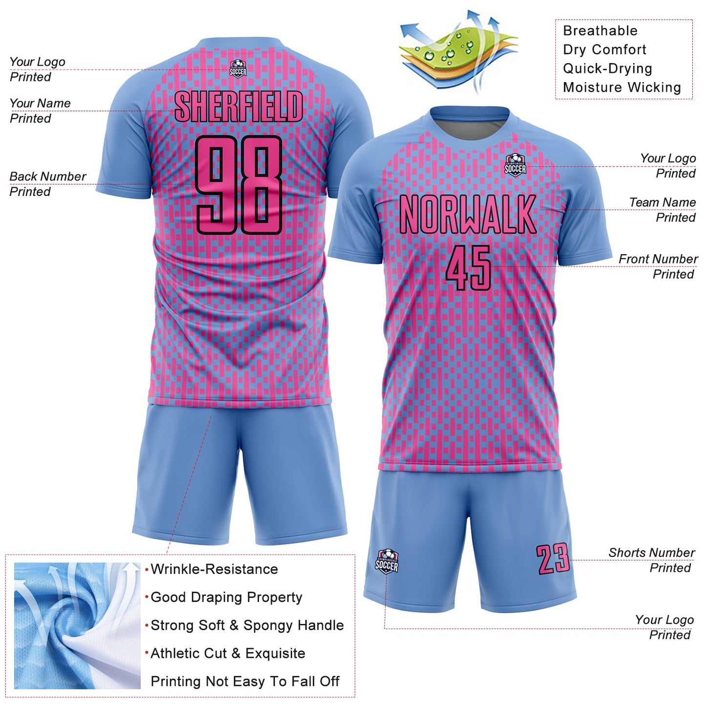 Custom Light Blue Pink-Black Abstract Geometric Shapes Sublimation Soccer Uniform Jersey view 4