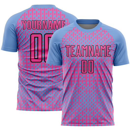 Custom Light Blue Pink-Black Abstract Geometric Shapes Sublimation Soccer Uniform Jersey - Main View