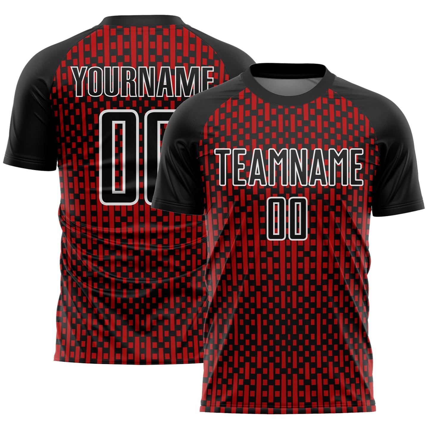 Custom Black Red-White Abstract Geometric Shapes Sublimation Soccer Uniform Jersey - Main View