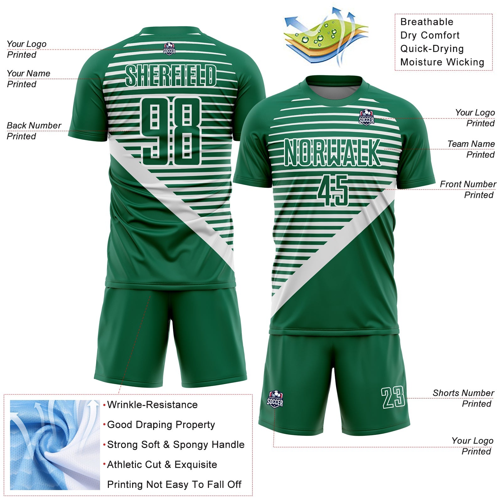 Custom Kelly Green White Stripes Sublimation Soccer Uniform Jersey view 4
