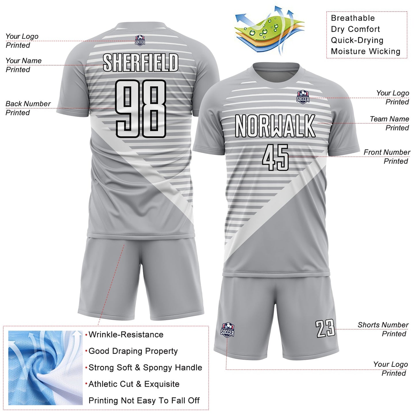 Custom Gray White-Black Stripes Sublimation Soccer Uniform Jersey view 4