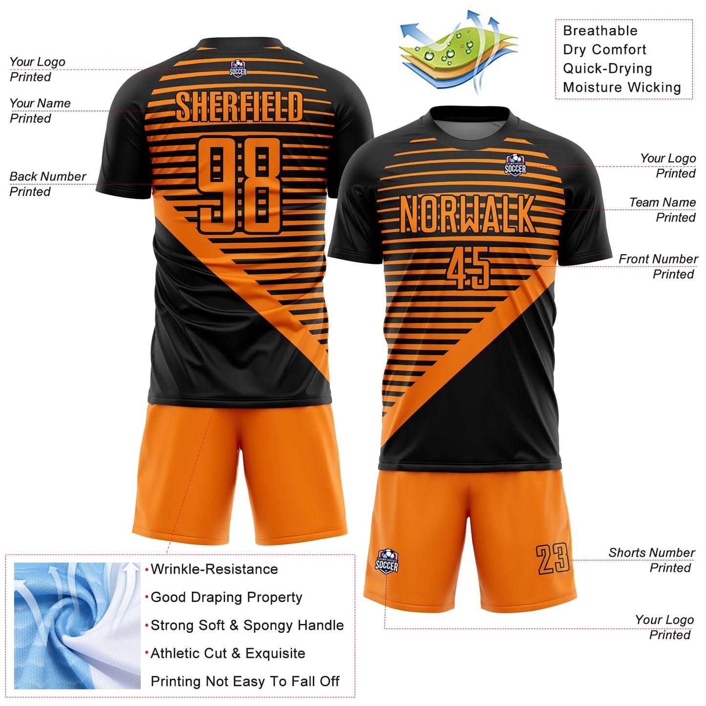 Custom Black Bay Orange Stripes Sublimation Soccer Uniform Jersey view 4