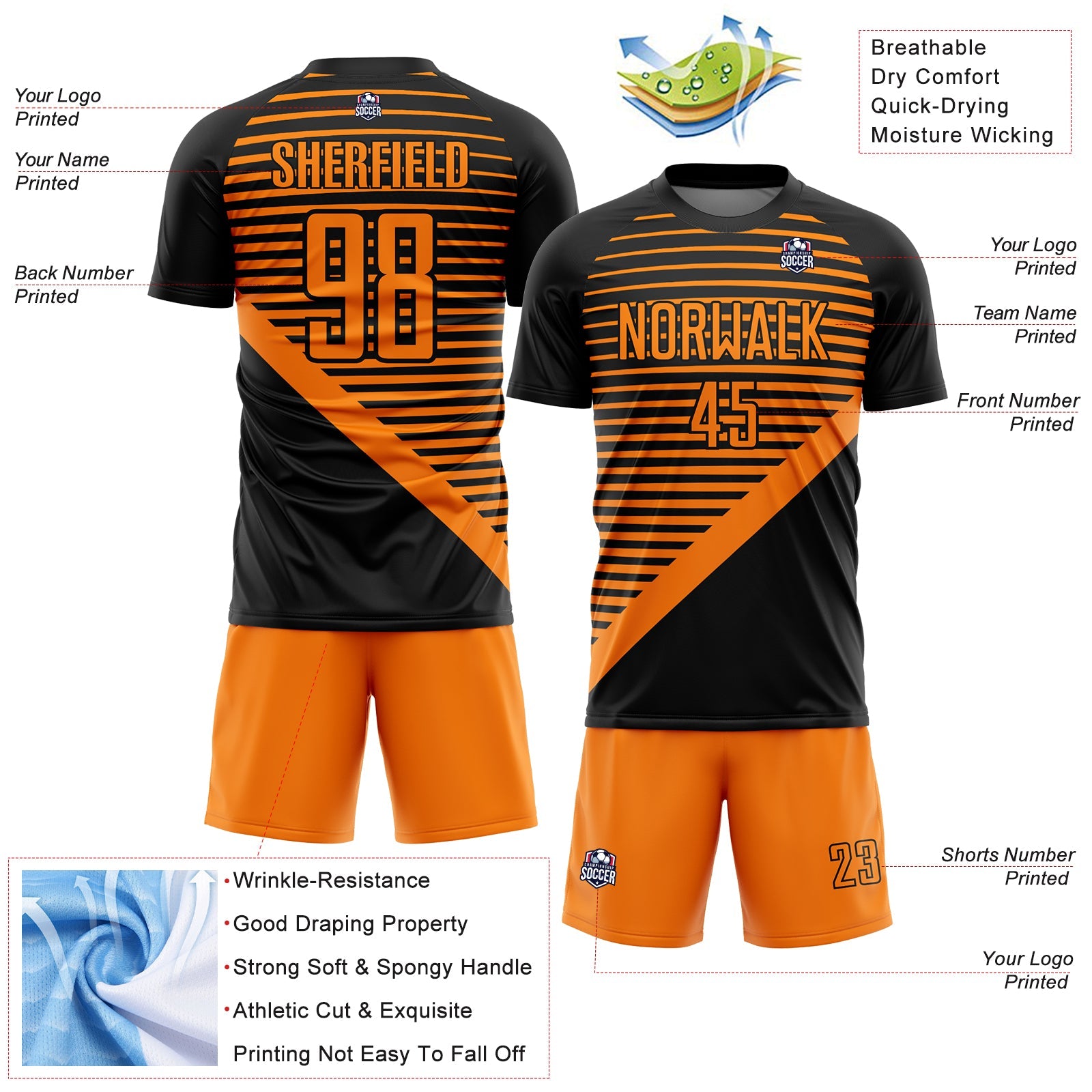 Custom Black Bay Orange Stripes Sublimation Soccer Uniform Jersey view 4