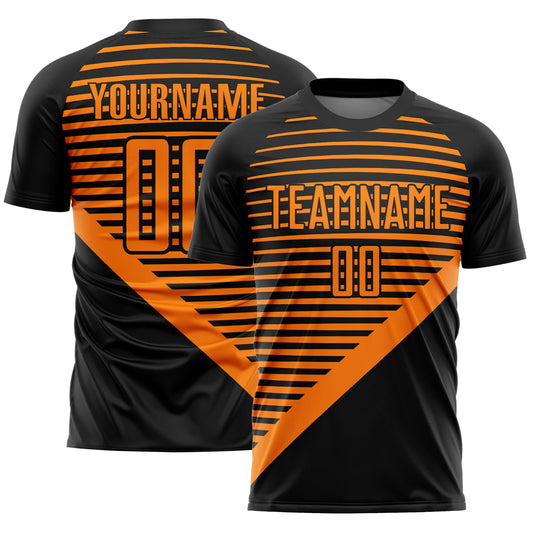 Custom Black Bay Orange Stripes Sublimation Soccer Uniform Jersey - Main View