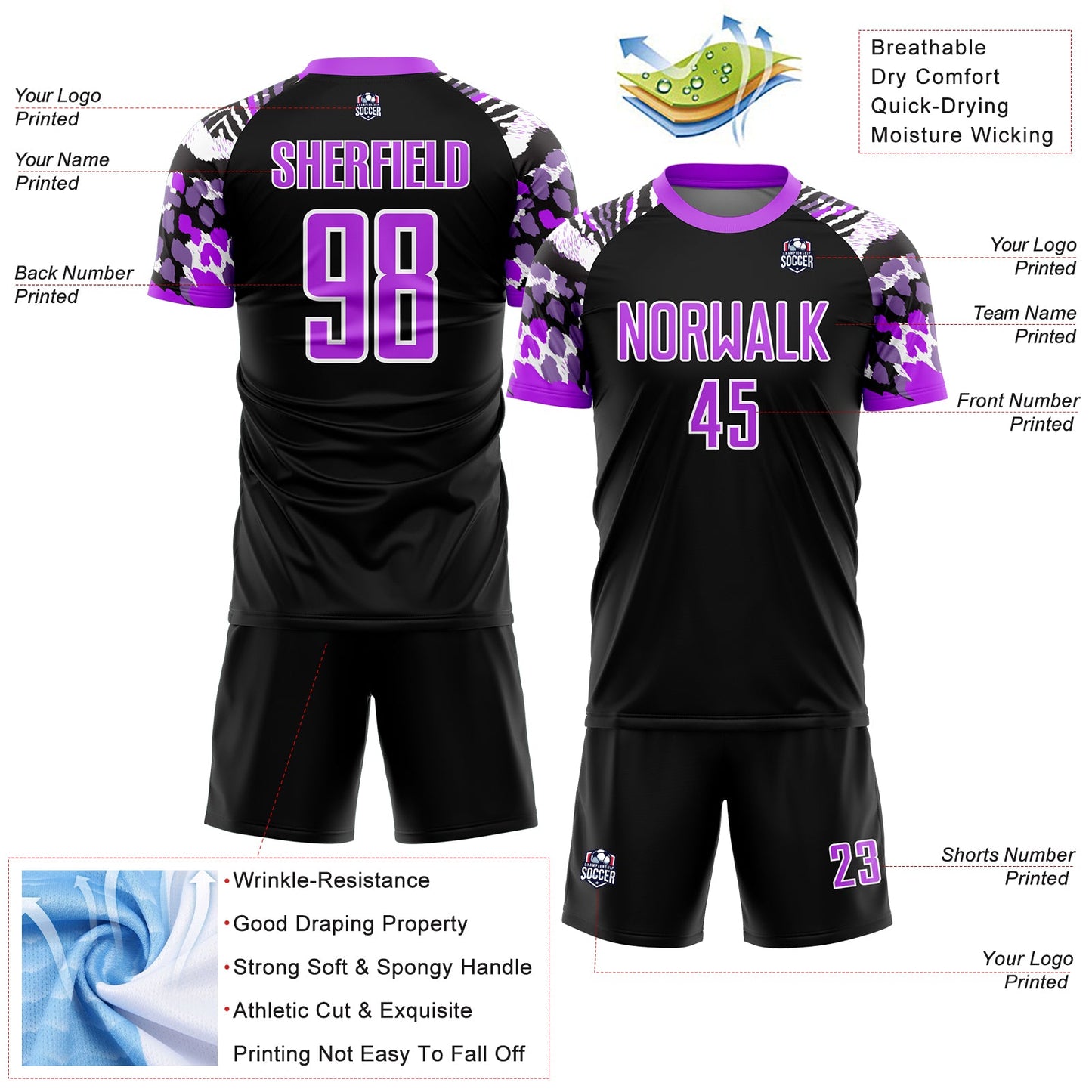 Custom Black Purple-White Animal Print Sublimation Soccer Uniform Jersey view 4