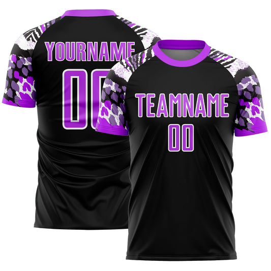 Custom Black Purple-White Animal Print Sublimation Soccer Uniform Jersey - Main View
