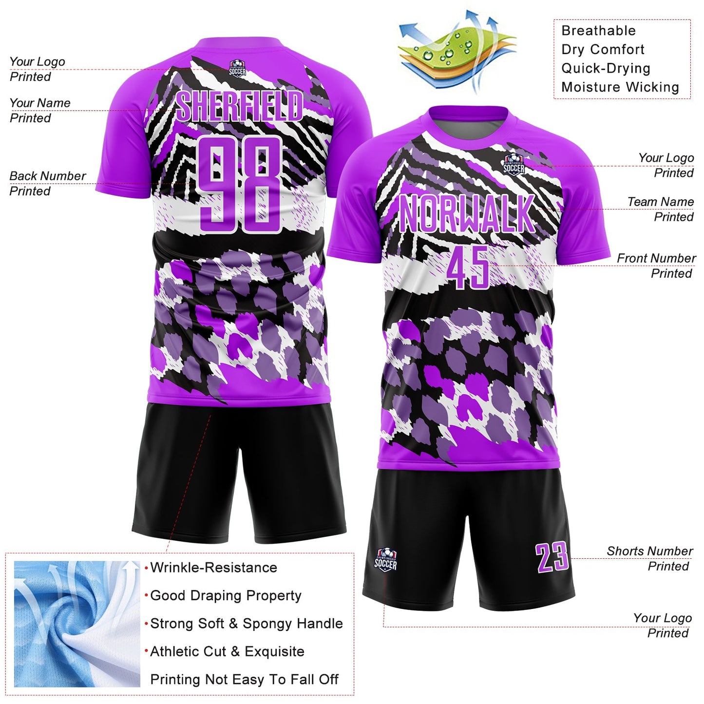 Custom Purple Black-White Animal Print Sublimation Soccer Uniform Jersey view 4