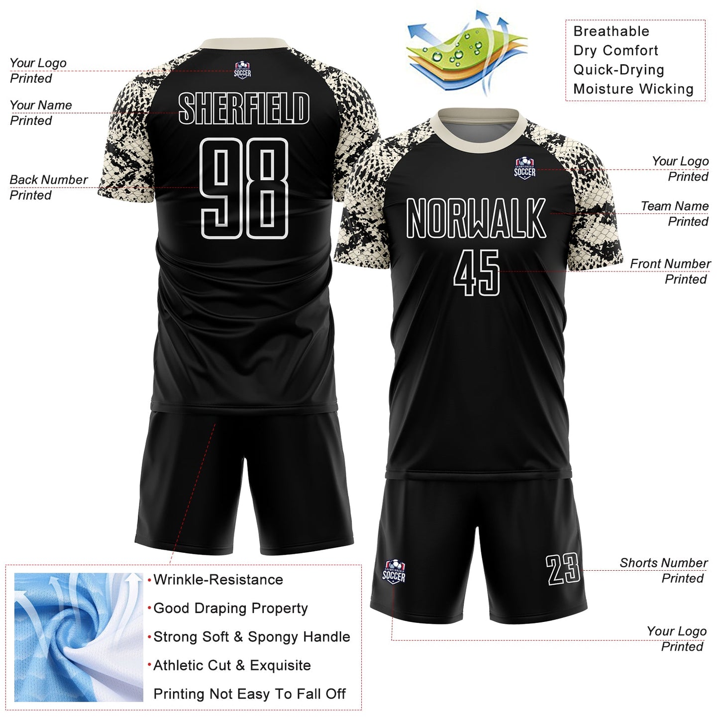Custom Black Cream-White Snake Skin Sublimation Soccer Uniform Jersey view 4