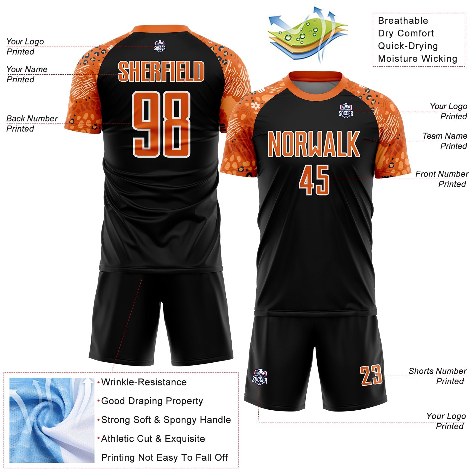 Custom Black Bay Orange-White African Pattern Sublimation Soccer Uniform Jersey view 4