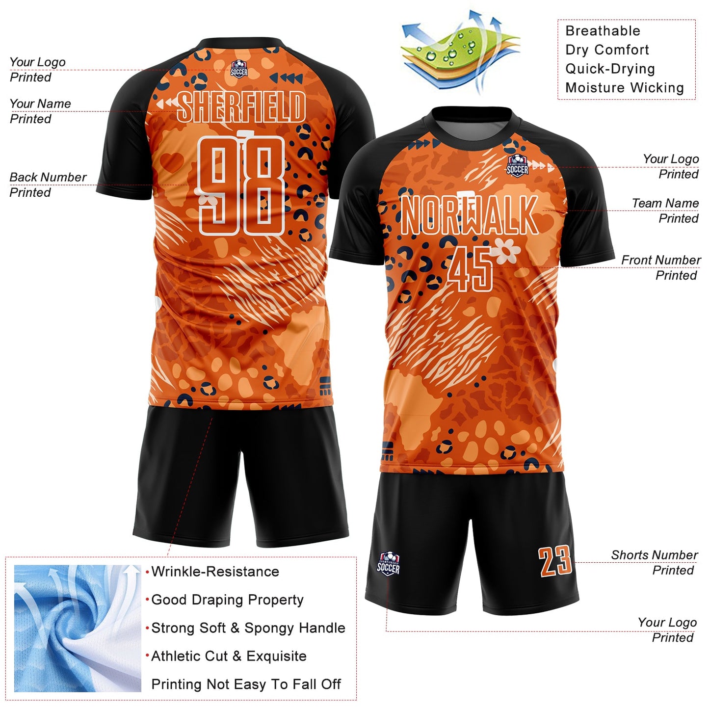 Custom Orange Bay Orange-Black African Pattern Sublimation Soccer Uniform Jersey view 4