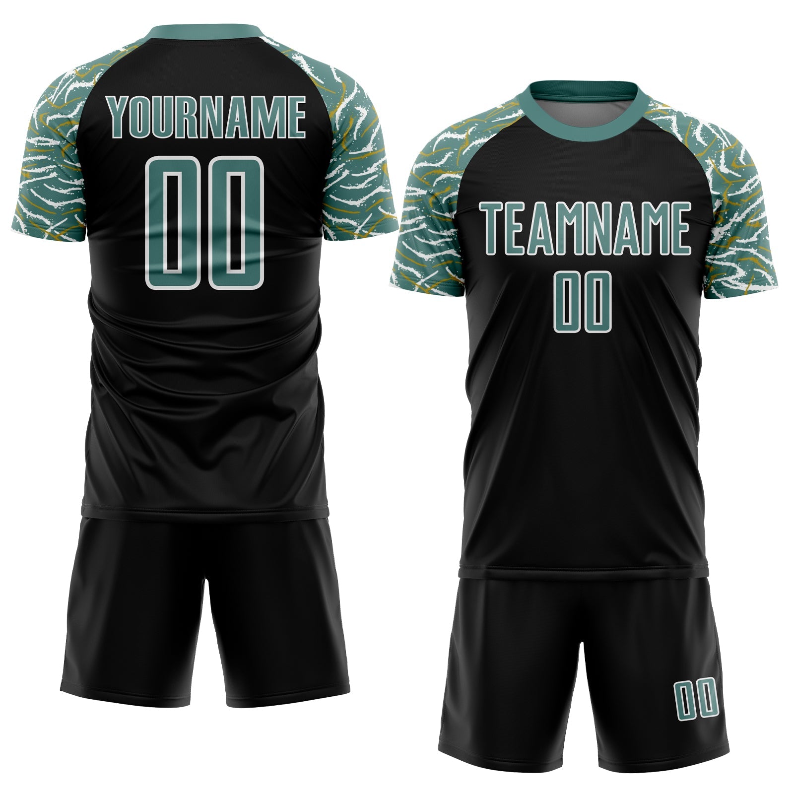 Custom Black Midnight Green-White Curved And Wavy Lines Sublimation Soccer Uniform Jersey view 2