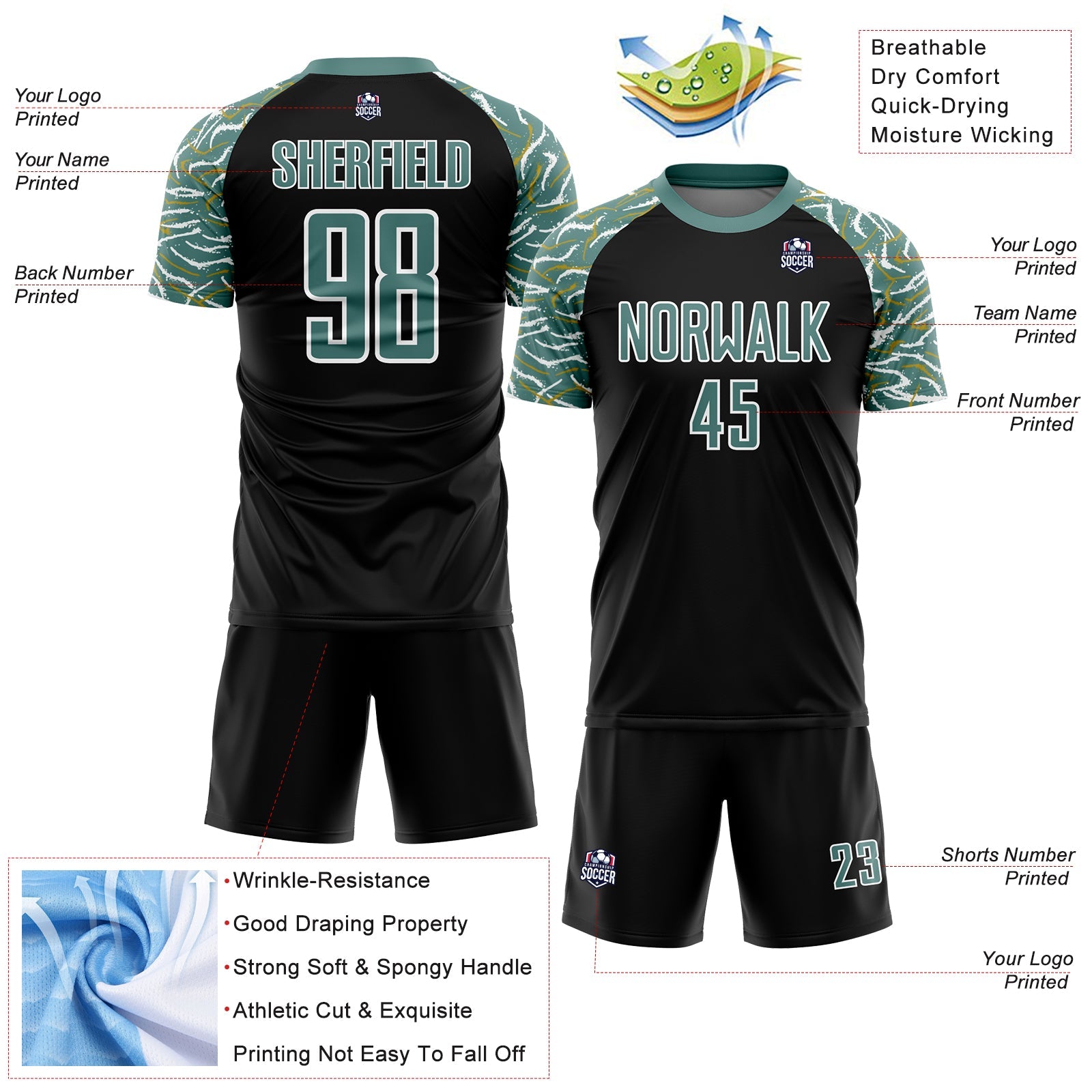 Custom Black Midnight Green-White Curved And Wavy Lines Sublimation Soccer Uniform Jersey view 4