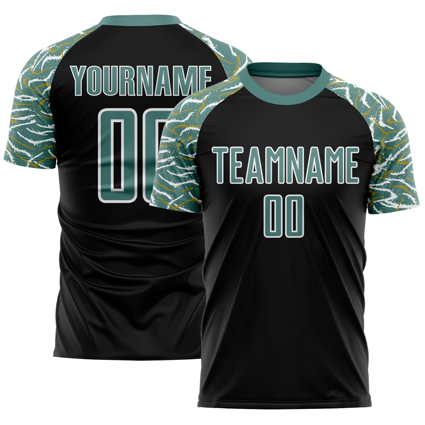Custom Black Midnight Green-White Curved And Wavy Lines Sublimation Soccer Uniform Jersey - Main View