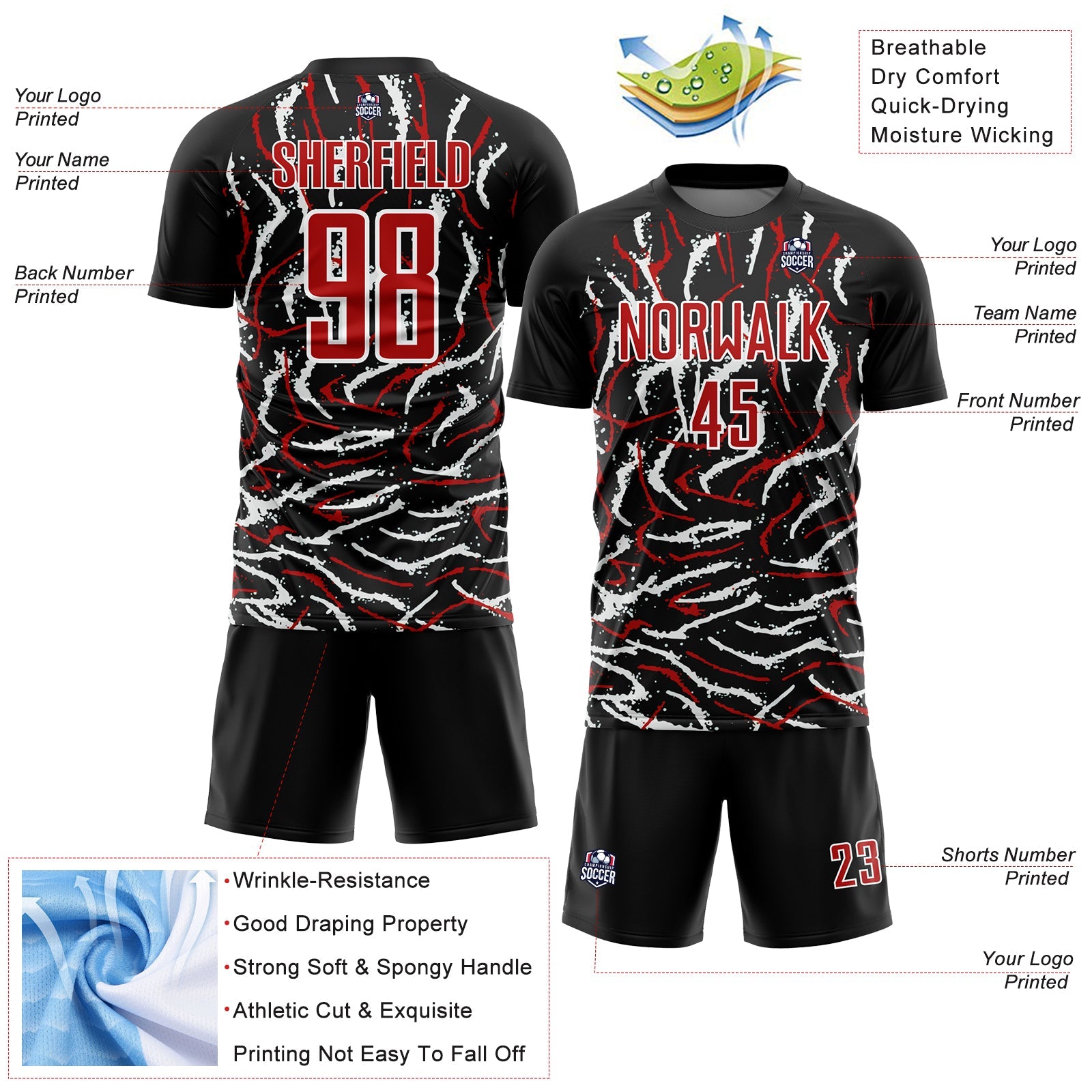 Custom Black Red-White Curved And Wavy Lines Sublimation Soccer Uniform Jersey view 4