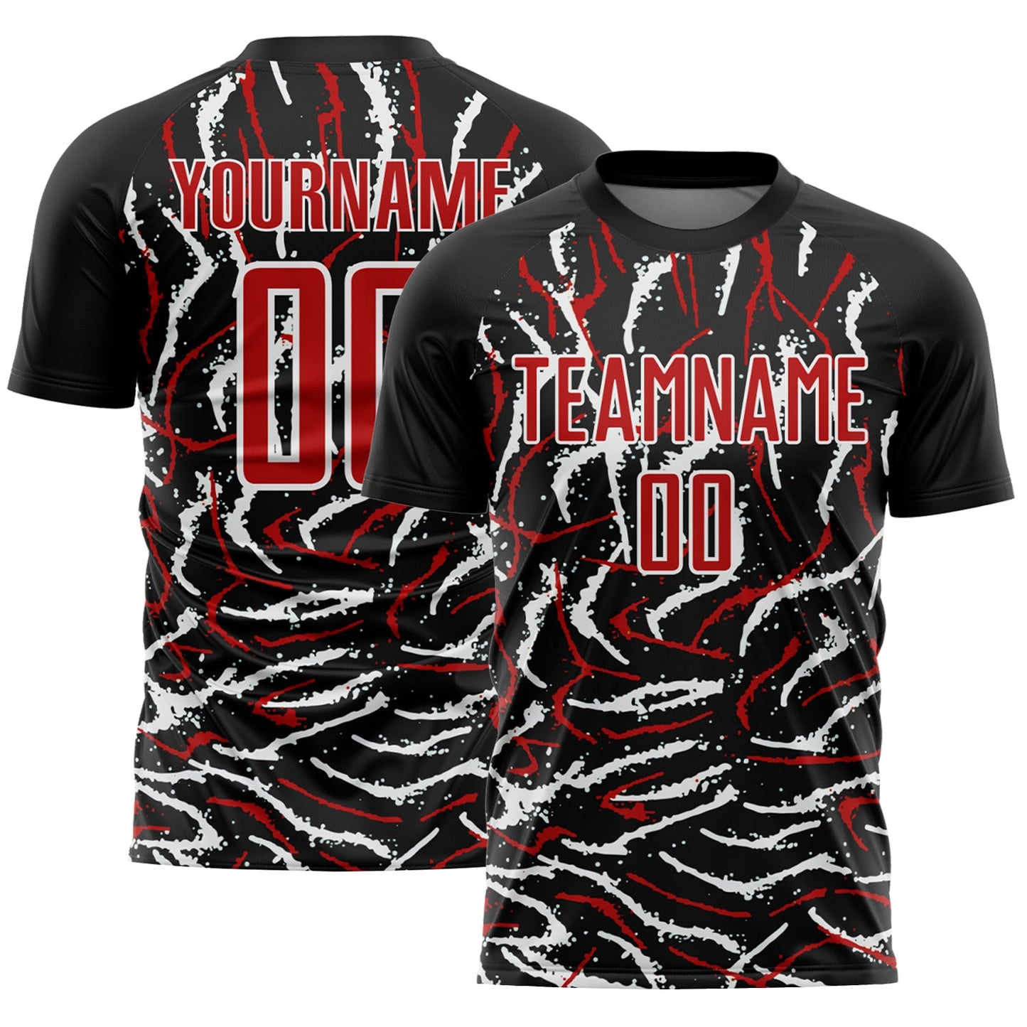 Custom Black Red-White Curved And Wavy Lines Sublimation Soccer Uniform Jersey - Main View