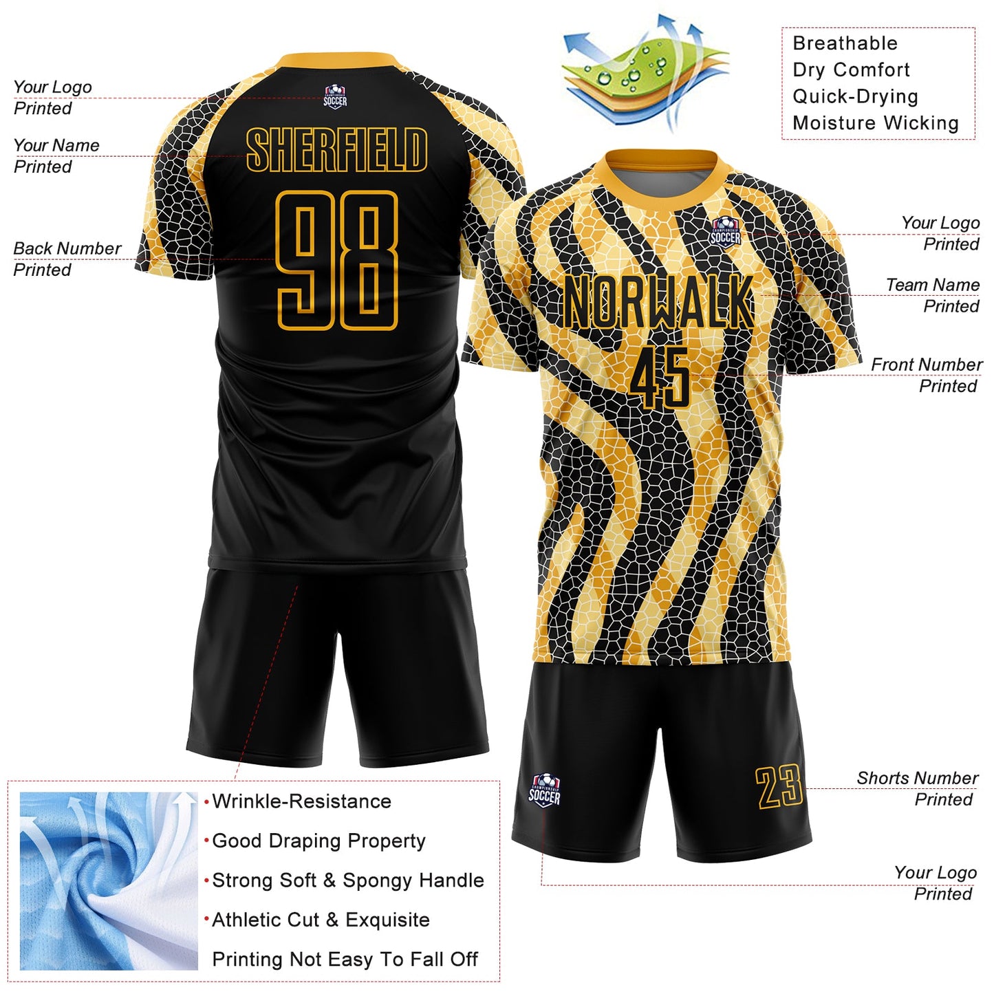 Custom Black Gold Animal Print Sublimation Soccer Uniform Jersey view 4