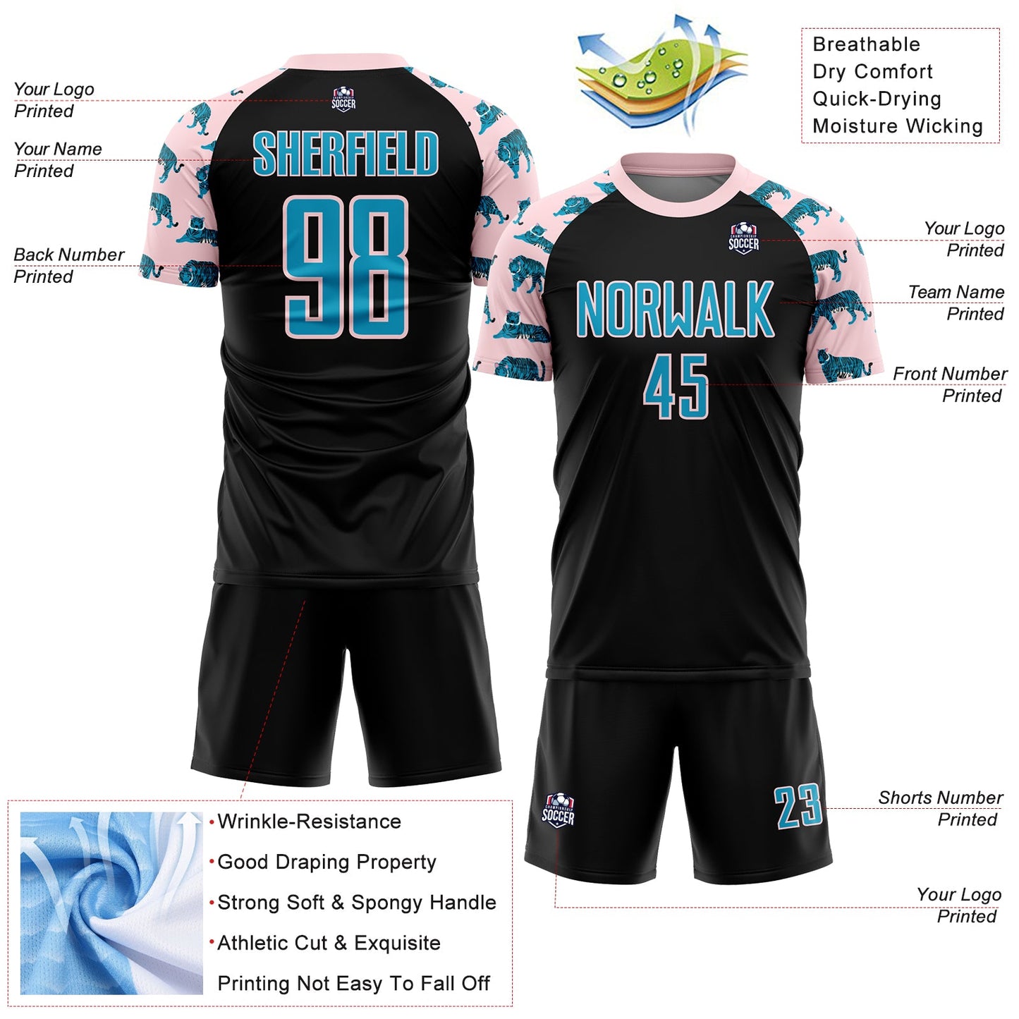 Custom Black US Navy Blue-Light Pink Tiger Sublimation Soccer Uniform Jersey view 4