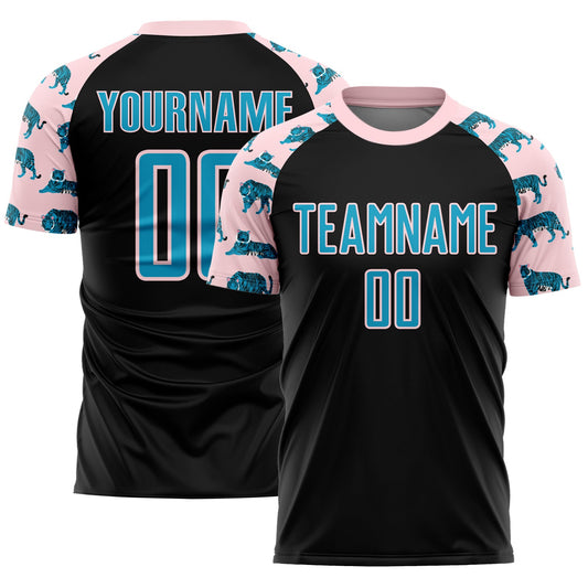 Custom Black US Navy Blue-Light Pink Tiger Sublimation Soccer Uniform Jersey - Main View