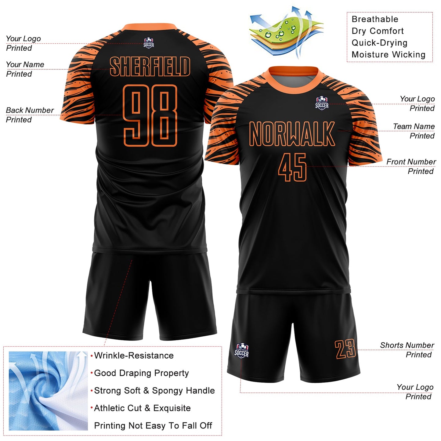 Custom Black Orange Tiger Stripes Sublimation Soccer Uniform Jersey view 4