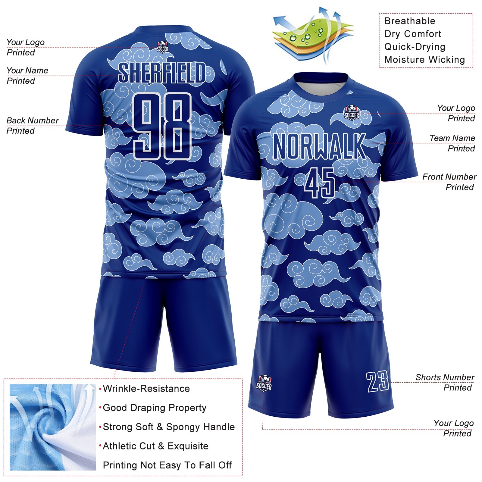 Custom Royal White Cloud Pattern Sublimation Soccer Uniform Jersey view 4