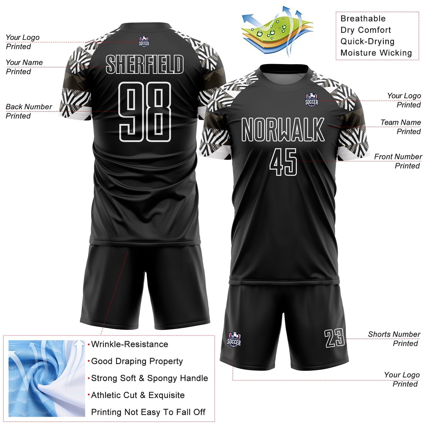 Custom Black White Zebra And Geometric Pattern Sublimation Soccer Uniform Jersey view 4