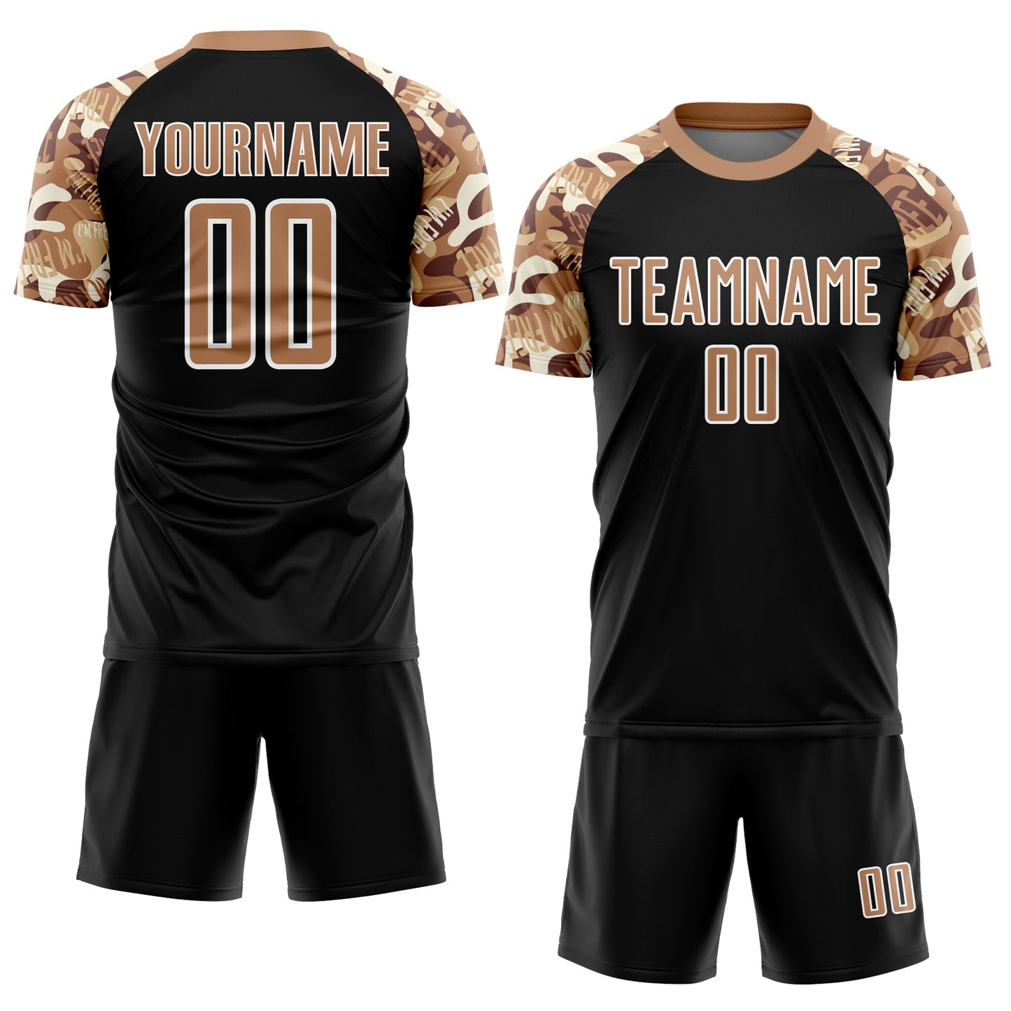 Custom Black Old Gold-White Camouflage Sublimation Soccer Uniform Jersey view 2