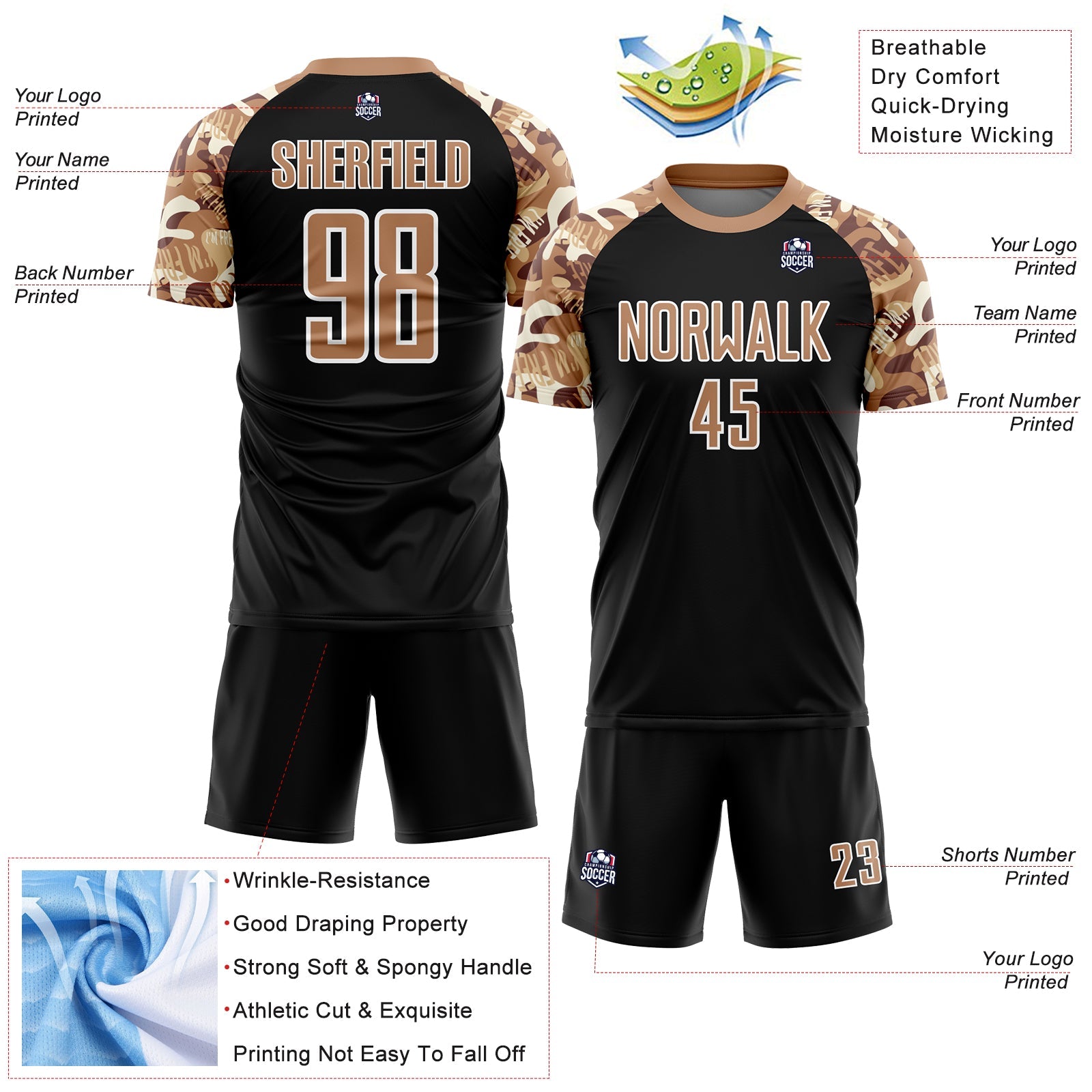 Custom Black Old Gold-White Camouflage Sublimation Soccer Uniform Jersey view 4