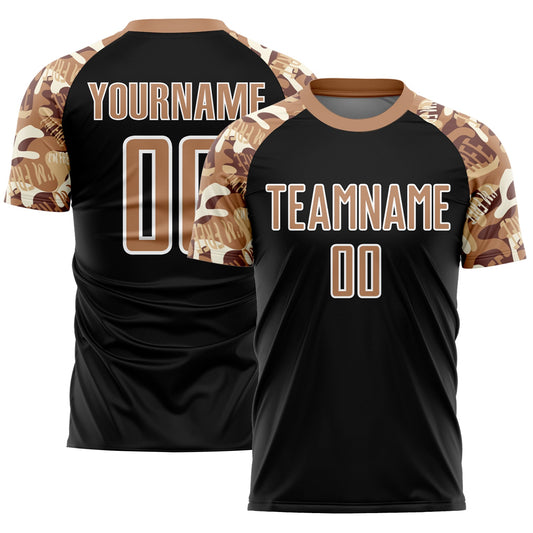 Custom Black Old Gold-White Camouflage Sublimation Soccer Uniform Jersey - Main View