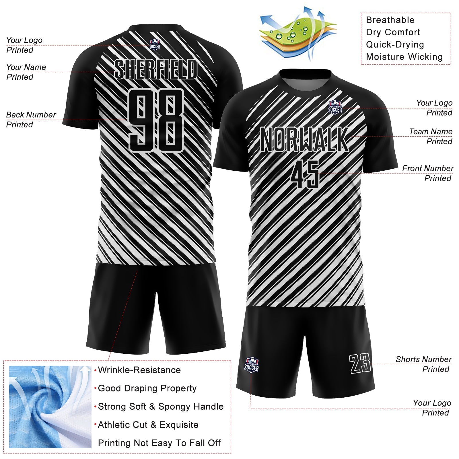 Custom Black White Slash Sublimation Soccer Uniform Jersey view 4
