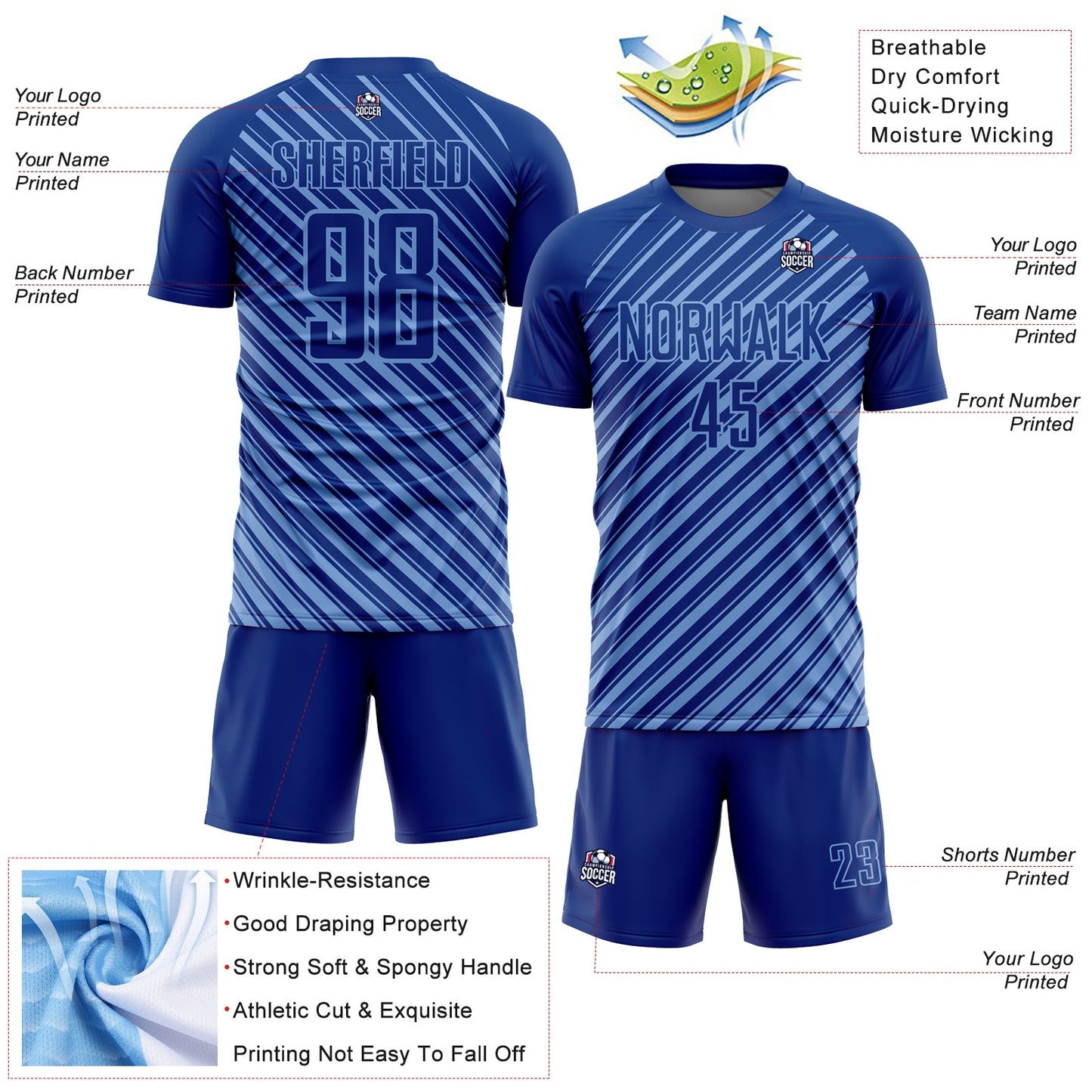 Custom Royal Light Blue Slash Sublimation Soccer Uniform Jersey view 4