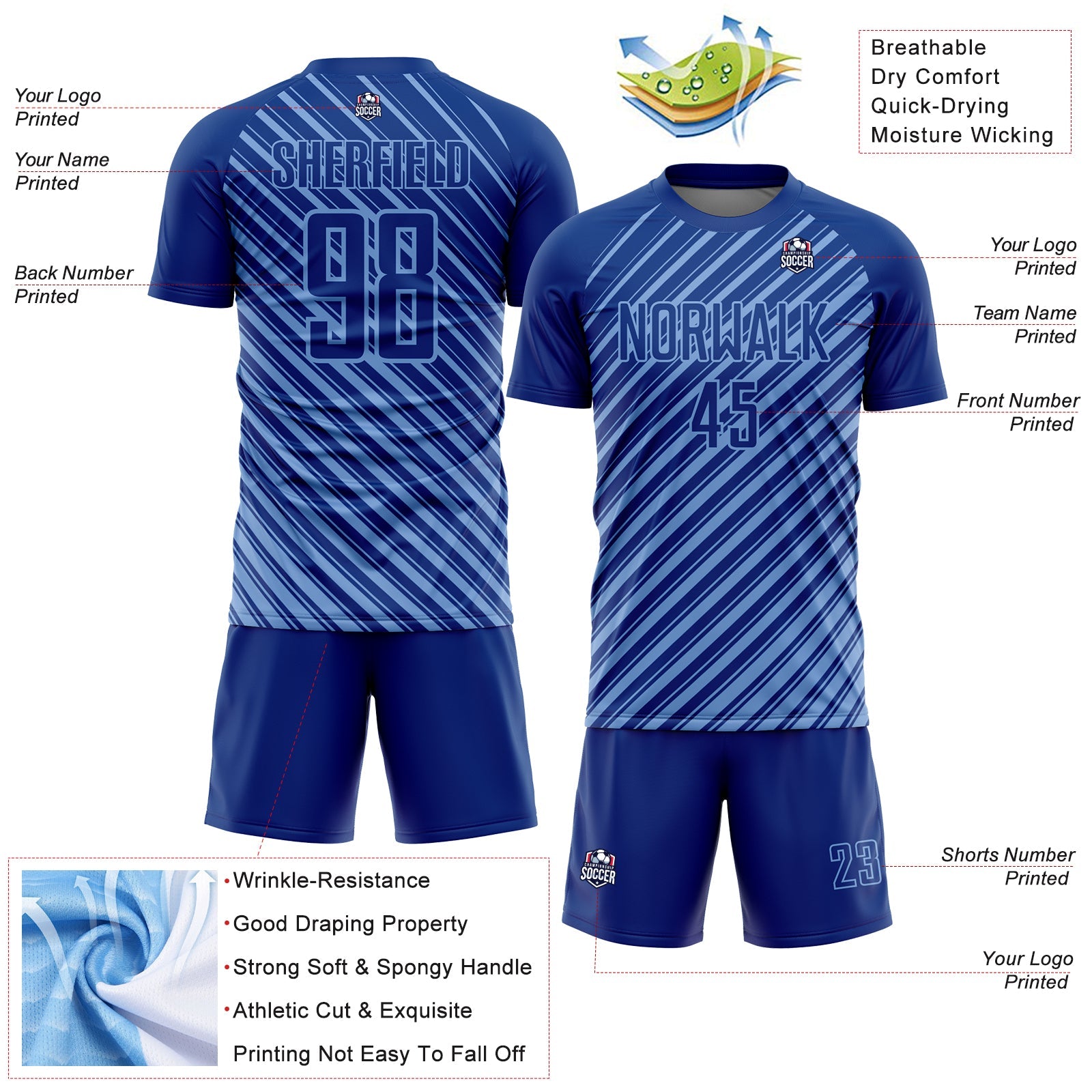 Custom Royal Light Blue Slash Sublimation Soccer Uniform Jersey view 4