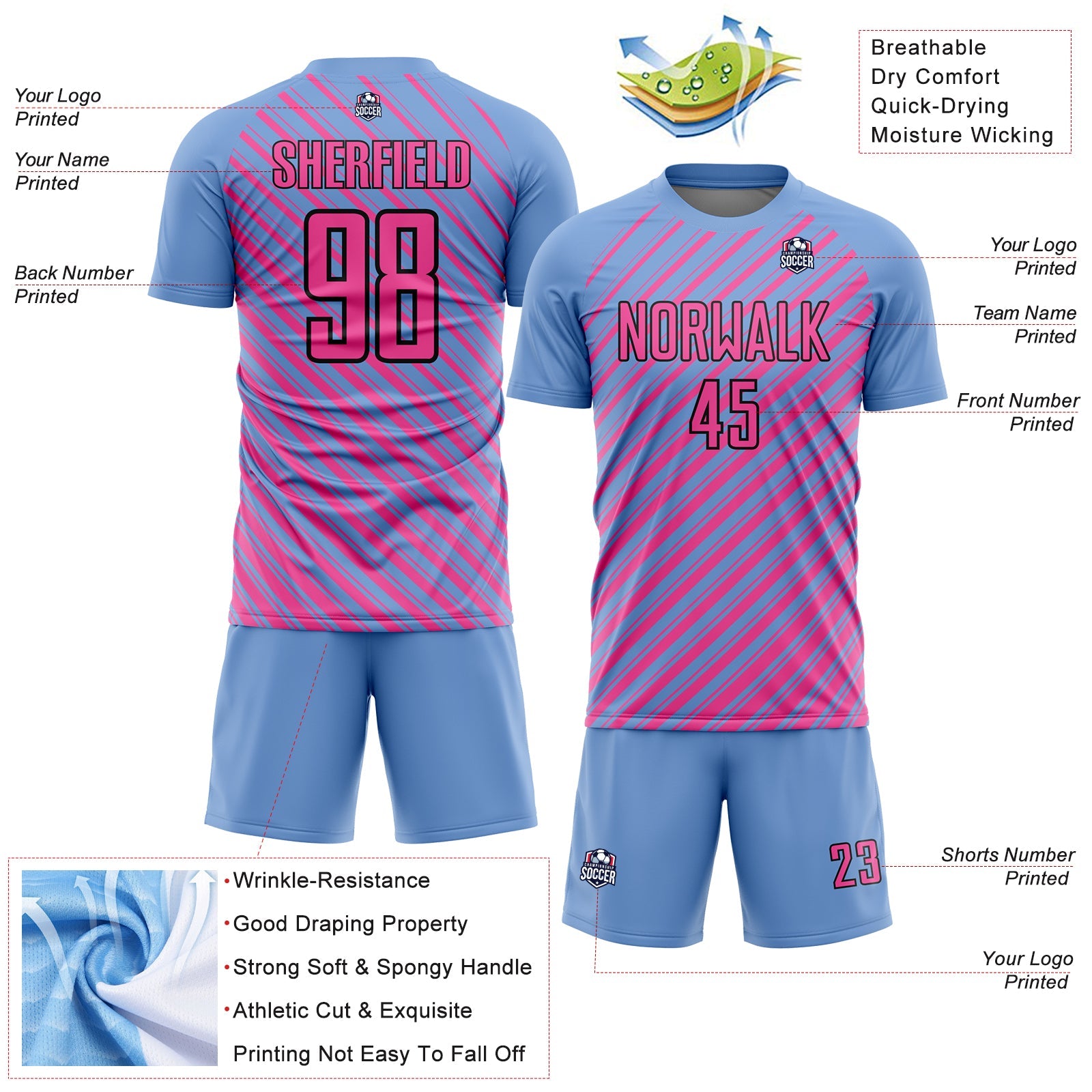 Custom Light Blue Pink-Black Slash Sublimation Soccer Uniform Jersey view 4