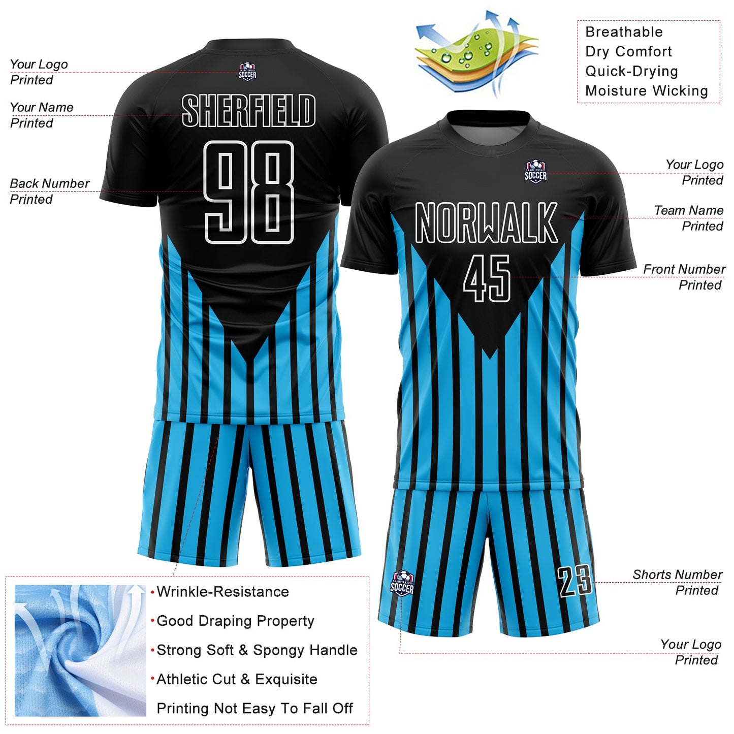 Custom Black Sky Blue-White Lines Sublimation Soccer Uniform Jersey view 4