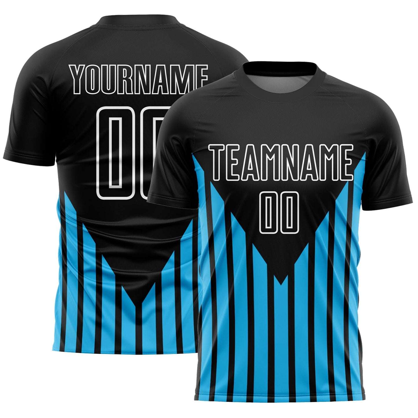 Custom Black Sky Blue-White Lines Sublimation Soccer Uniform Jersey - Main View
