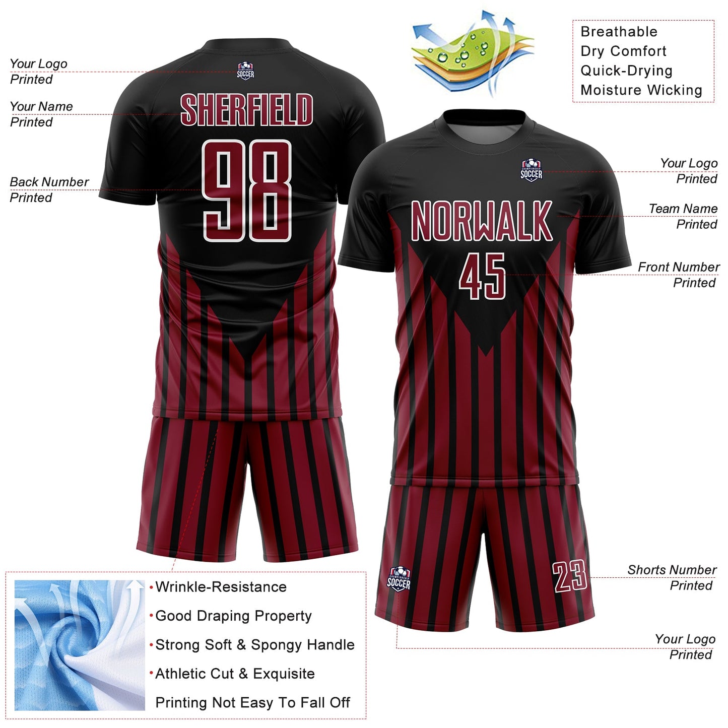 Custom Black Crimson-White Lines Sublimation Soccer Uniform Jersey view 4