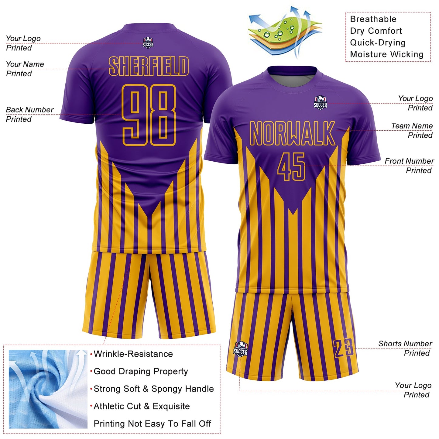 Custom Purple Gold Lines Sublimation Soccer Uniform Jersey view 4