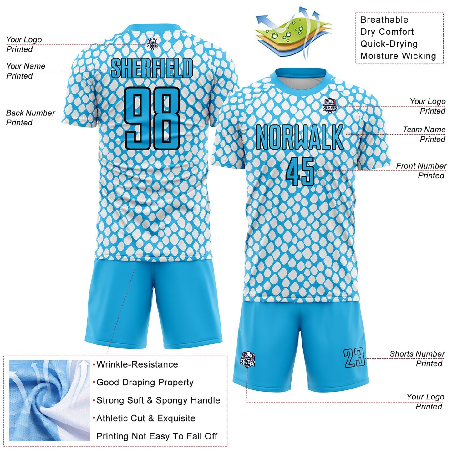 Custom Sky Blue Black-White Snake Skin Sublimation Soccer Uniform Jersey view 4