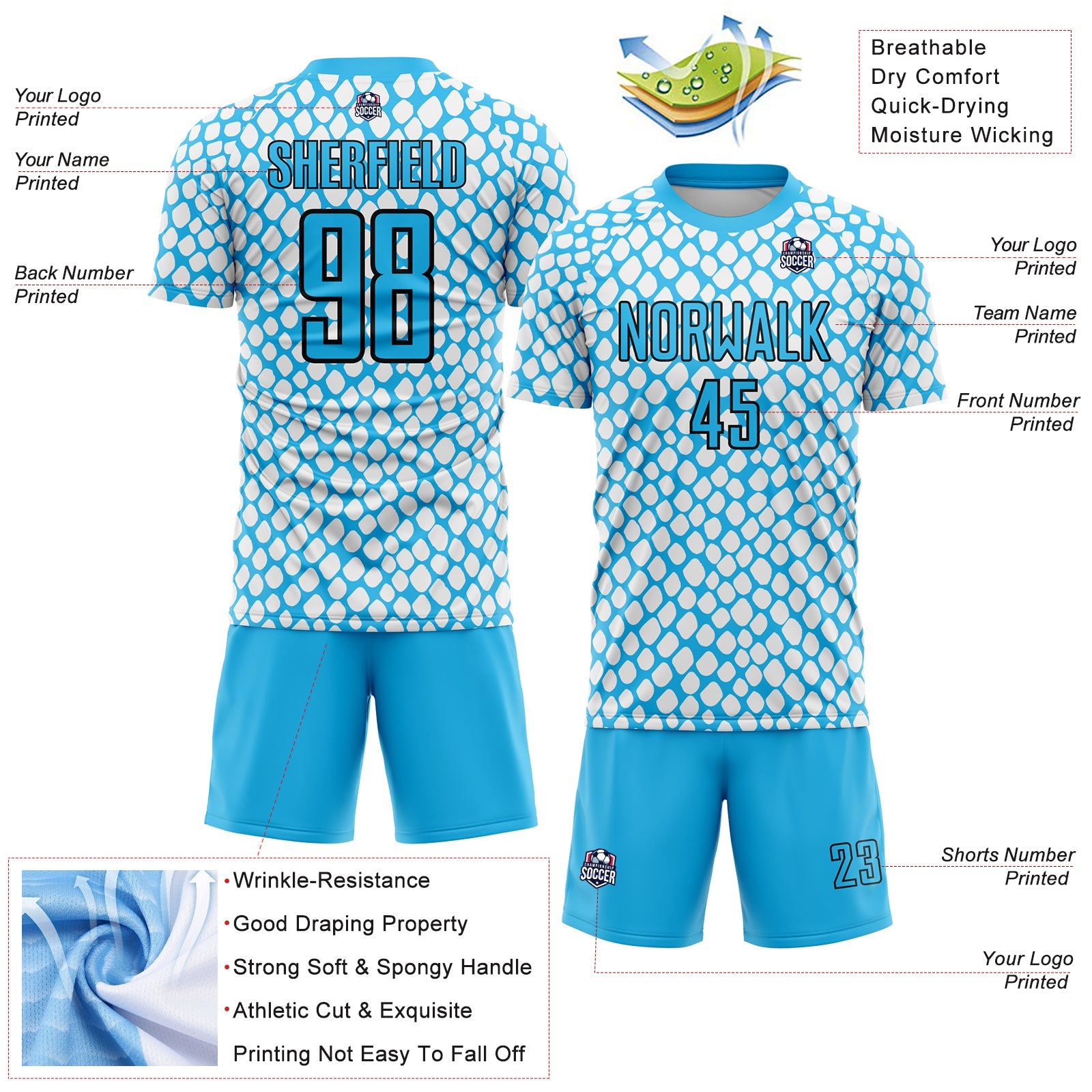 Custom Sky Blue Black-White Snake Skin Sublimation Soccer Uniform Jersey view 4