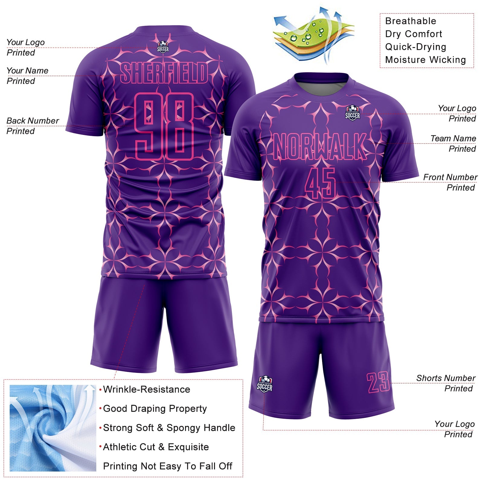 Custom Purple Pink Damask Pattern Sublimation Soccer Uniform Jersey view 4