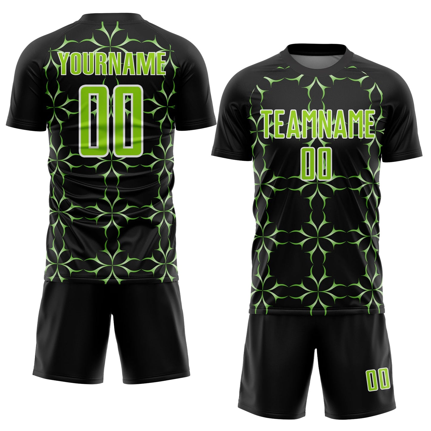 Custom Black Neon Green-White Damask Pattern Sublimation Soccer Uniform Jersey view 2