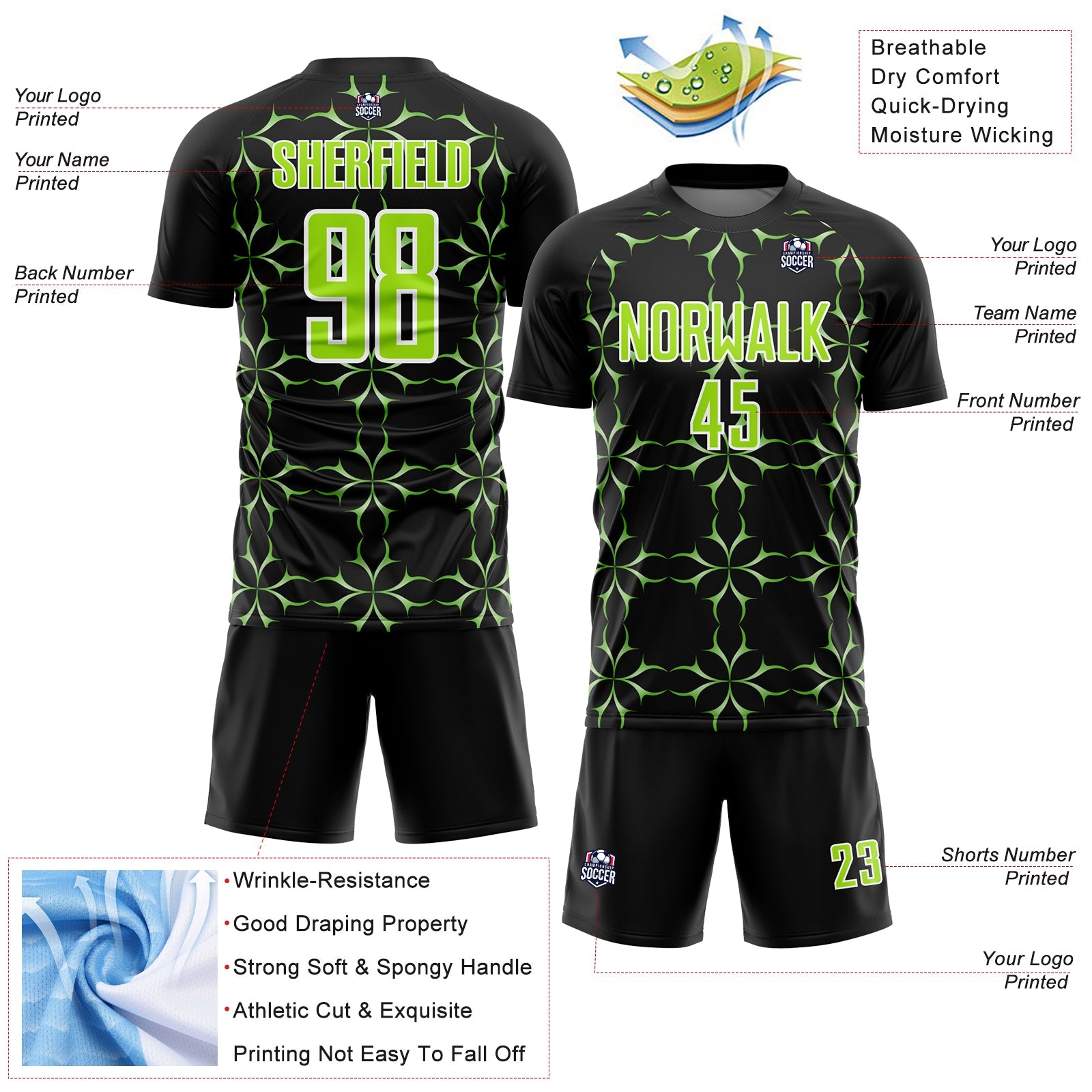 Custom Black Neon Green-White Damask Pattern Sublimation Soccer Uniform Jersey view 4
