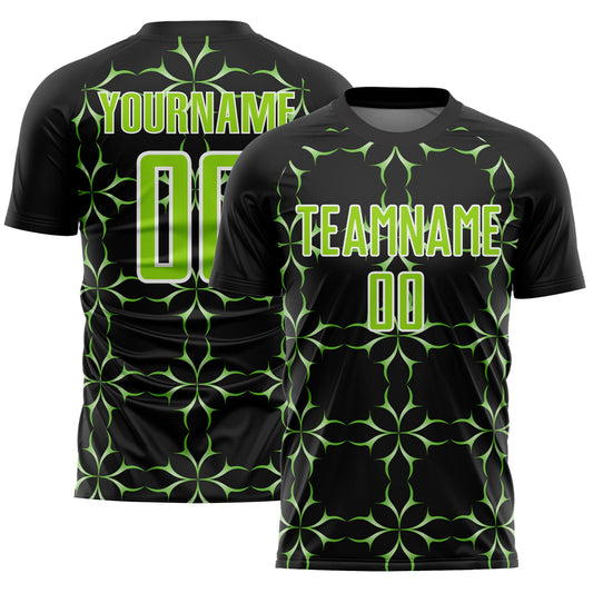 Custom Black Neon Green-White Damask Pattern Sublimation Soccer Uniform Jersey - Main View