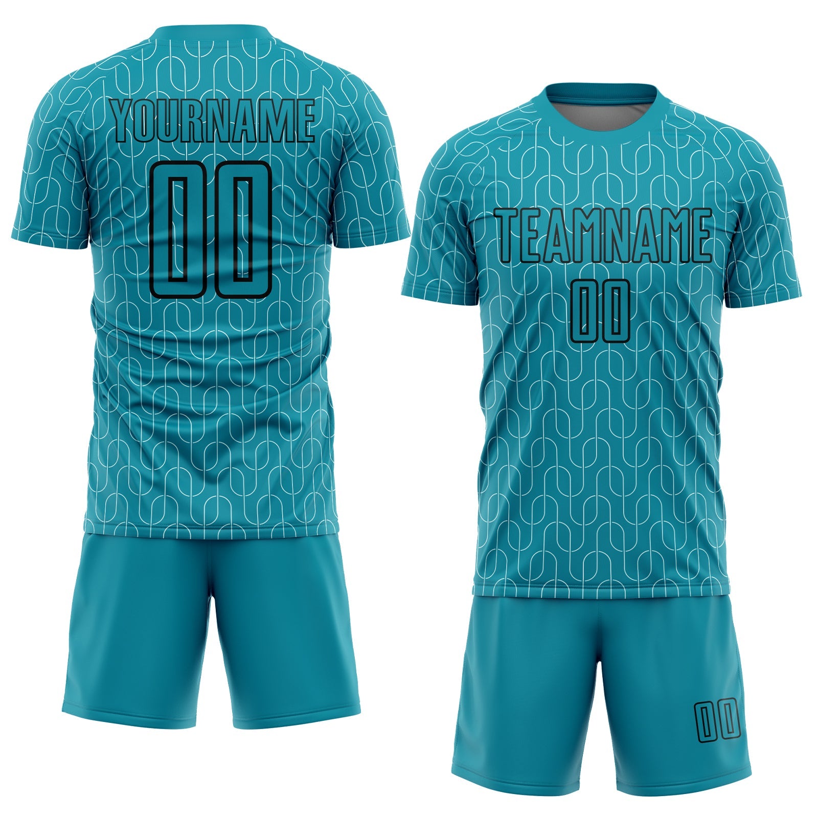 Custom Teal Black Geometric Pattern Sublimation Soccer Uniform Jersey view 2