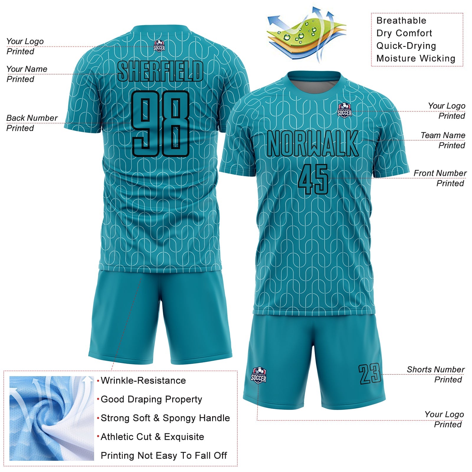 Custom Teal Black Geometric Pattern Sublimation Soccer Uniform Jersey view 4