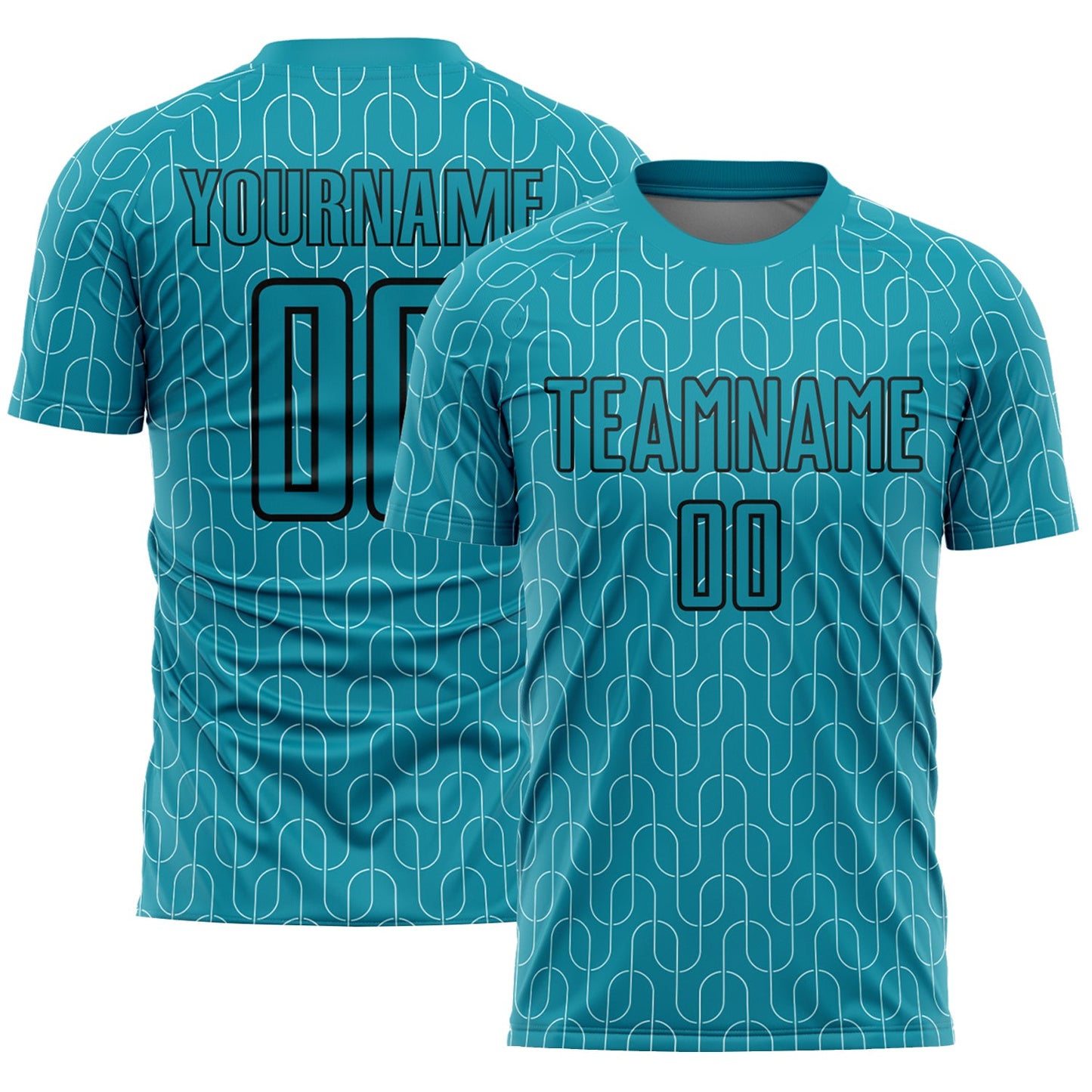 Custom Teal Black Geometric Pattern Sublimation Soccer Uniform Jersey - Main View